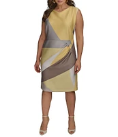 Donna Karan Plus Size Cowl Neck Placement Print Sleeveless Sheath Dress