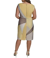 Donna Karan Plus Size Cowl Neck Placement Print Sleeveless Sheath Dress