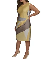 Donna Karan Plus Size Cowl Neck Placement Print Sleeveless Sheath Dress