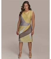 Donna Karan Plus Size Cowl Neck Placement Print Sleeveless Sheath Dress