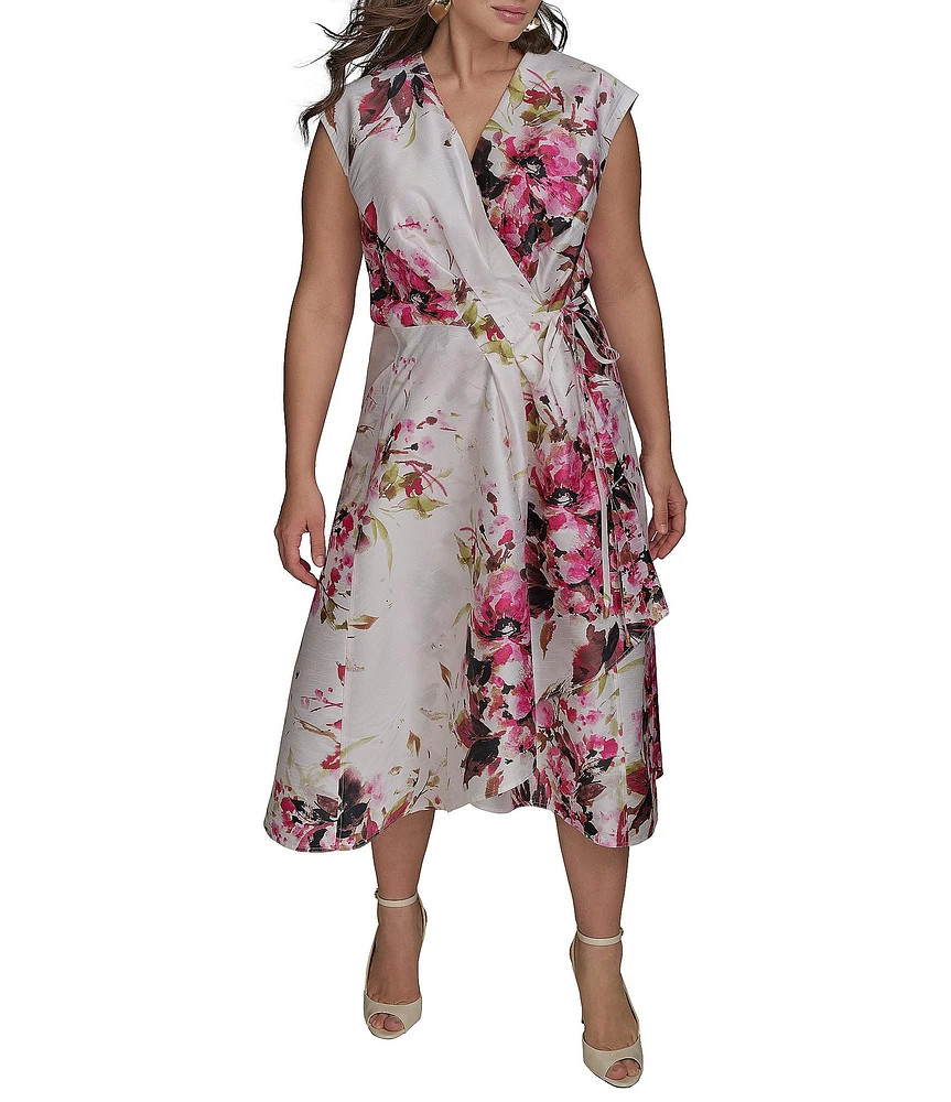 Donna Karan Plus Size Floral Dupioni V-Neck Cap Sleeve Tie Sash Midi Wrap Dress