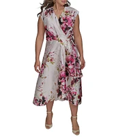 Donna Karan Plus Size Floral Dupioni V-Neck Cap Sleeve Tie Sash Midi Wrap Dress