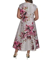 Donna Karan Plus Size Floral Dupioni V-Neck Cap Sleeve Tie Sash Midi Wrap Dress