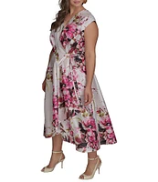 Donna Karan Plus Size Floral Dupioni V-Neck Cap Sleeve Tie Sash Midi Wrap Dress