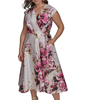 Donna Karan Plus Size Floral Dupioni V-Neck Cap Sleeve Tie Sash Midi Wrap Dress