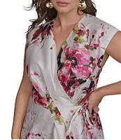 Donna Karan Plus Size Floral Dupioni V-Neck Cap Sleeve Tie Sash Midi Wrap Dress