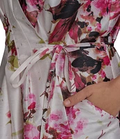 Donna Karan Plus Size Floral Dupioni V-Neck Cap Sleeve Tie Sash Midi Wrap Dress