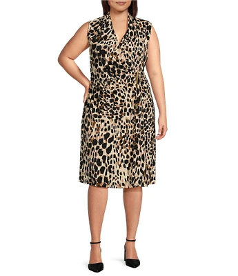 Donna Karan Plus Size Filament Jersey Cheetah Print V-Neck Sleeveless Faux Wrap Dress