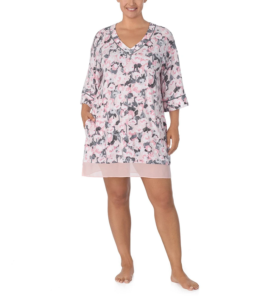 Donna Karan Plus Size Floral Knit 3/4 Sleeve V-Neck Nightshirt