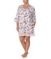 Donna Karan Plus Size Floral Knit 3/4 Sleeve V-Neck Nightshirt