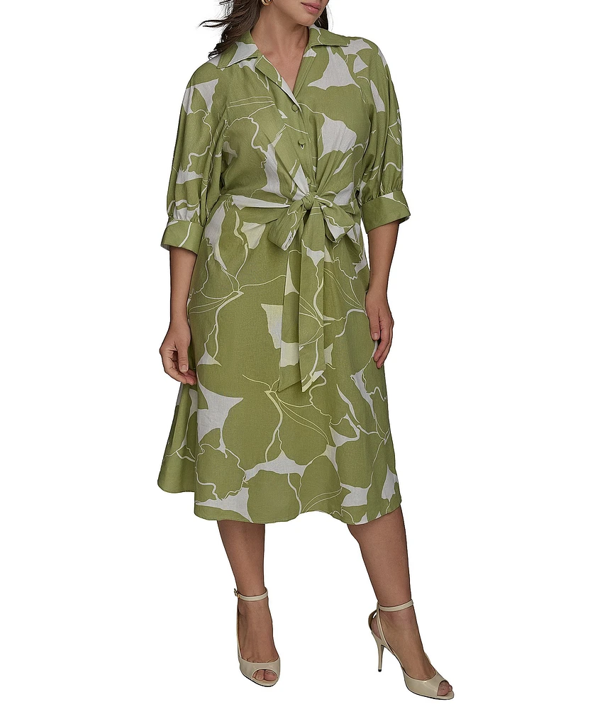 Donna Karan Plus Size Floral Print Midi Shirt Dress