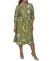 Donna Karan Plus Size Floral Print Midi Shirt Dress