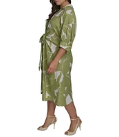 Donna Karan Plus Size Floral Print Midi Shirt Dress