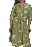 Donna Karan Plus Size Floral Print Midi Shirt Dress