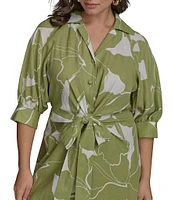 Donna Karan Plus Size Floral Print Midi Shirt Dress