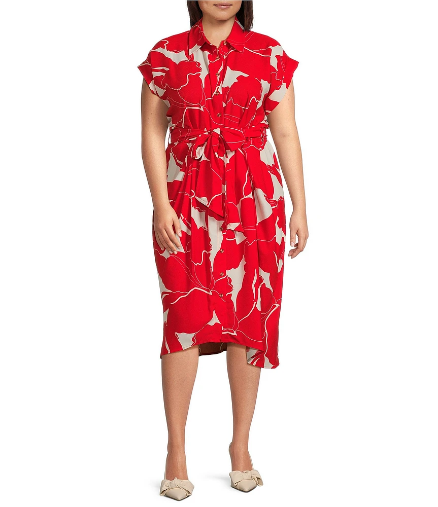 Donna Karan Plus Size Floral Print Short Sleeve Crepe Shirt Dress