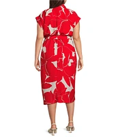 Donna Karan Plus Size Floral Print Short Sleeve Crepe Shirt Dress