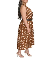 Donna Karan Plus Size Halter Neck Polka Dot Print Belted Midi Dress