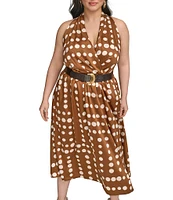 Donna Karan Plus Size Halter Neck Polka Dot Print Belted Midi Dress