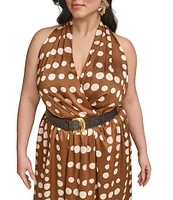 Donna Karan Plus Size Halter Neck Polka Dot Print Belted Midi Dress