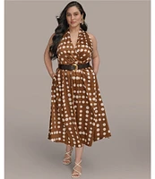 Donna Karan Plus Size Halter Neck Polka Dot Print Belted Midi Dress