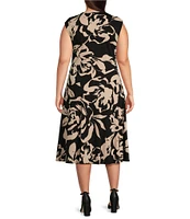 Donna Karan Plus Size Jersey V-Neck Sleeveless Ruched Gold Broach Midi Sheath Dress