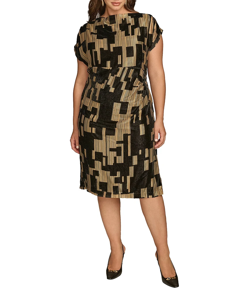 Donna Karan Plus Size Metallic Velvet Boat Neck Short Sleeve Sheath Dress