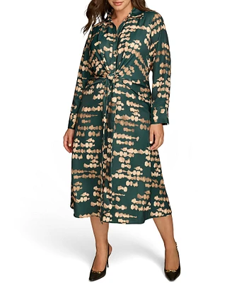 Donna Karan Plus Size Printed Satin Point Collar Long Sleeve Front Dress