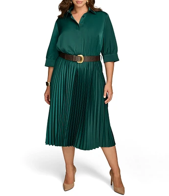 Donna Karan Plus Size Satin 3/4 Sleeve Pleated Skirt Button Front Belted Dress