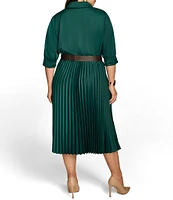 Donna Karan Plus Size Satin 3/4 Sleeve Pleated Skirt Button Front Belted Dress