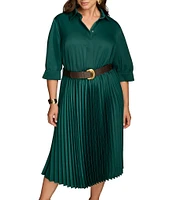 Donna Karan Plus Size Satin 3/4 Sleeve Pleated Skirt Button Front Belted Dress