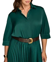 Donna Karan Plus Size Satin 3/4 Sleeve Pleated Skirt Button Front Belted Dress