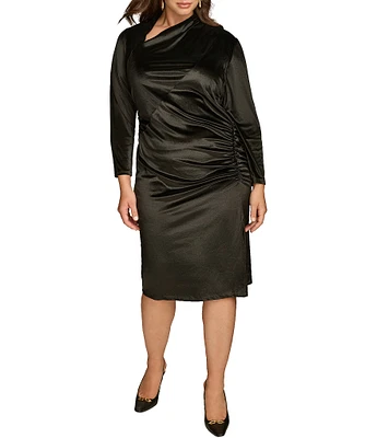 Donna Karan Plus Size Satin Velvet Asymmetrical Neck 3/4 Sleeve Sheath Dress