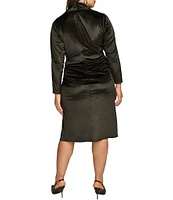 Donna Karan Plus Size Satin Velvet Asymmetrical Neck 3/4 Sleeve Sheath Dress