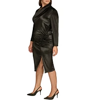 Donna Karan Plus Size Satin Velvet Asymmetrical Neck 3/4 Sleeve Sheath Dress