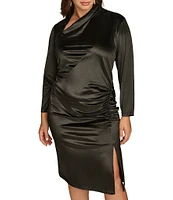 Donna Karan Plus Size Satin Velvet Asymmetrical Neck 3/4 Sleeve Sheath Dress