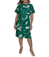 Donna Karan Plus Size Scuba Boatneck Short Sleeve Midi Sheath Dress