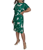 Donna Karan Plus Size Scuba Boatneck Short Sleeve Midi Sheath Dress