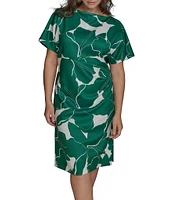 Donna Karan Plus Size Scuba Boatneck Short Sleeve Midi Sheath Dress