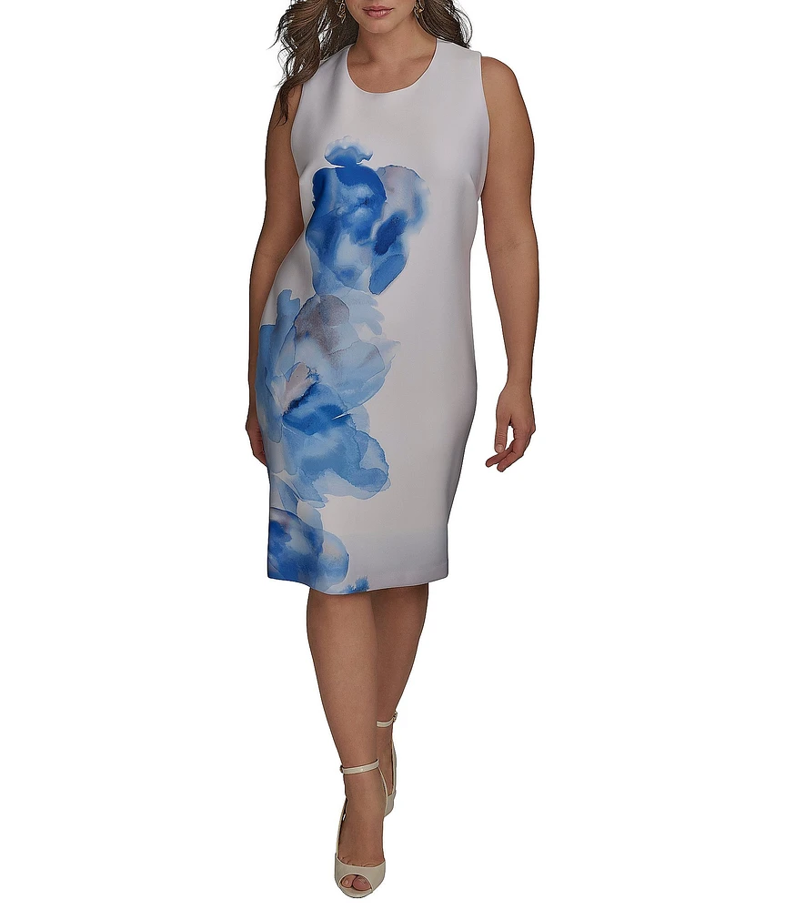 Donna Karan Plus Size Sleeveless Floral Print Scuba Sheath Dress