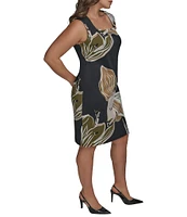 Donna Karan Plus Size Square Neck Floral Print Sheath Dress