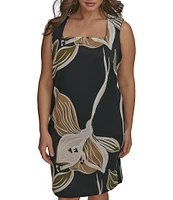 Donna Karan Plus Size Square Neck Floral Print Sheath Dress