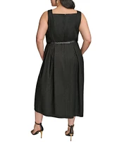 Donna Karan Plus Size Square Neck Sleeveless A-Line Belted Midi Dress