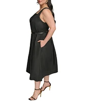 Donna Karan Plus Size Square Neck Sleeveless A-Line Belted Midi Dress