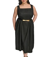 Donna Karan Plus Size Square Neck Sleeveless A-Line Belted Midi Dress