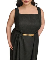Donna Karan Plus Size Square Neck Sleeveless A-Line Belted Midi Dress