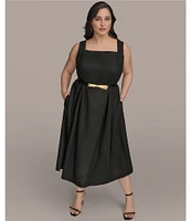 Donna Karan Plus Size Square Neck Sleeveless A-Line Belted Midi Dress