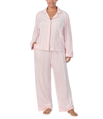 Donna Karan Plus Size Striped Long Sleeve Notch Collar Pant Pajama Set