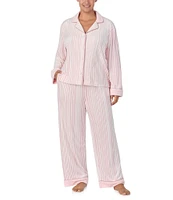 Donna Karan Plus Size Striped Long Sleeve Notch Collar Pant Pajama Set