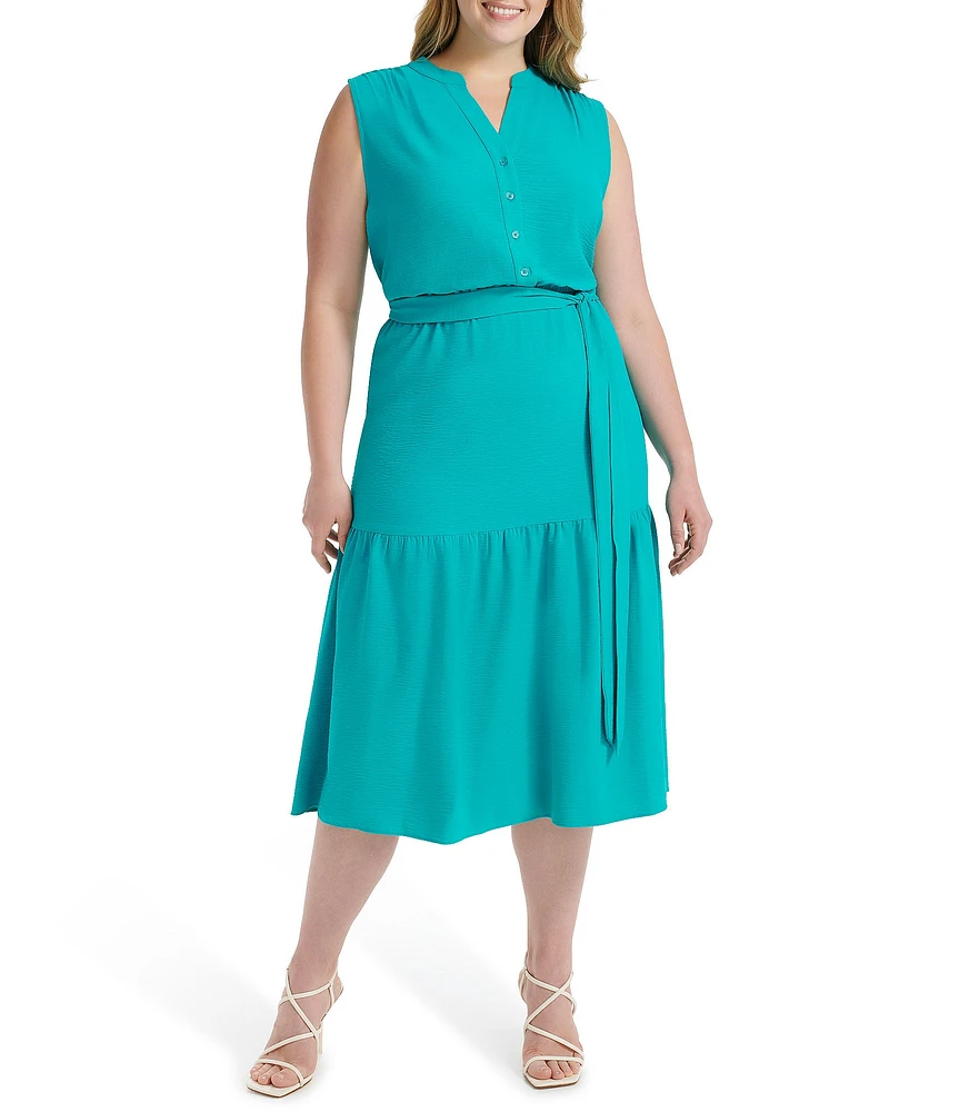 Donna Karan Plus Size V-Neck Button Front Midi Dress